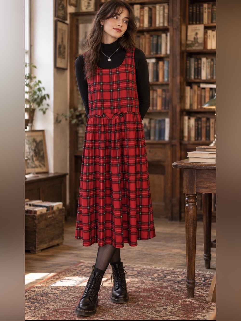 Plaid Red Sleeveless Jumper Dress Sz M Cottagecore Tartan plaid Vintage academia